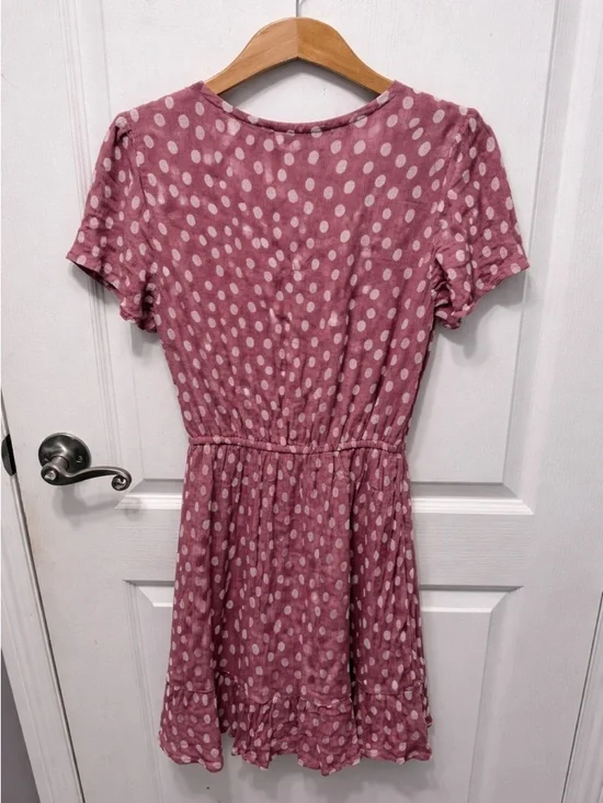 Abercrombie Mauve Polka Dot Mini Dress Cottagecore Ruffle Hem V Neck Size M - Picture 3 of 5
